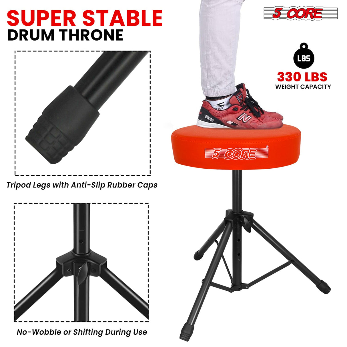 5 Core Drum Throne 3" Thick Padded Memory Foam Comfortable Drummer Stool 330Lb Capacity Adjustable