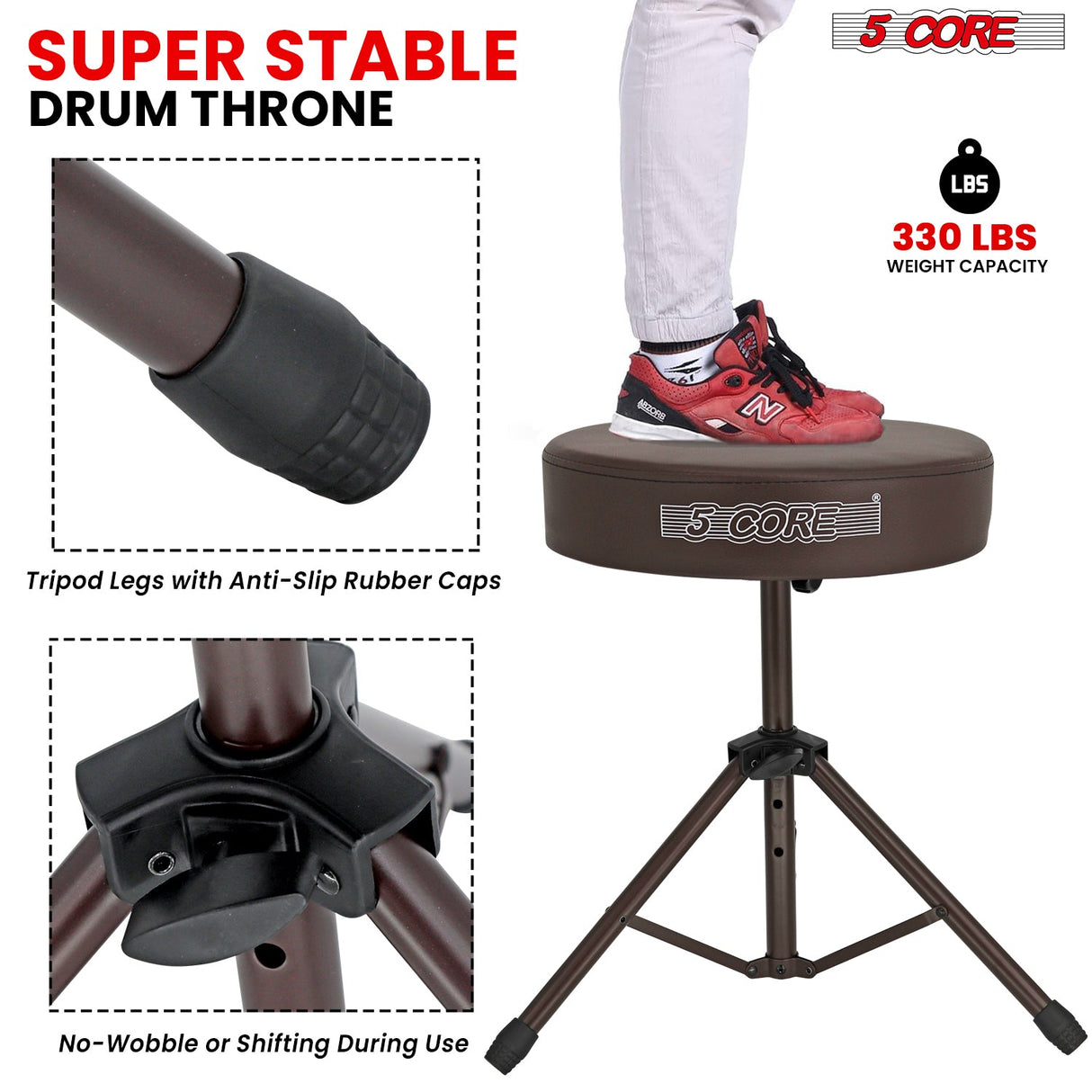 5 Core Drum Throne 3" Thick Padded Memory Foam Comfortable Drummer Stool 330Lb Capacity Adjustable