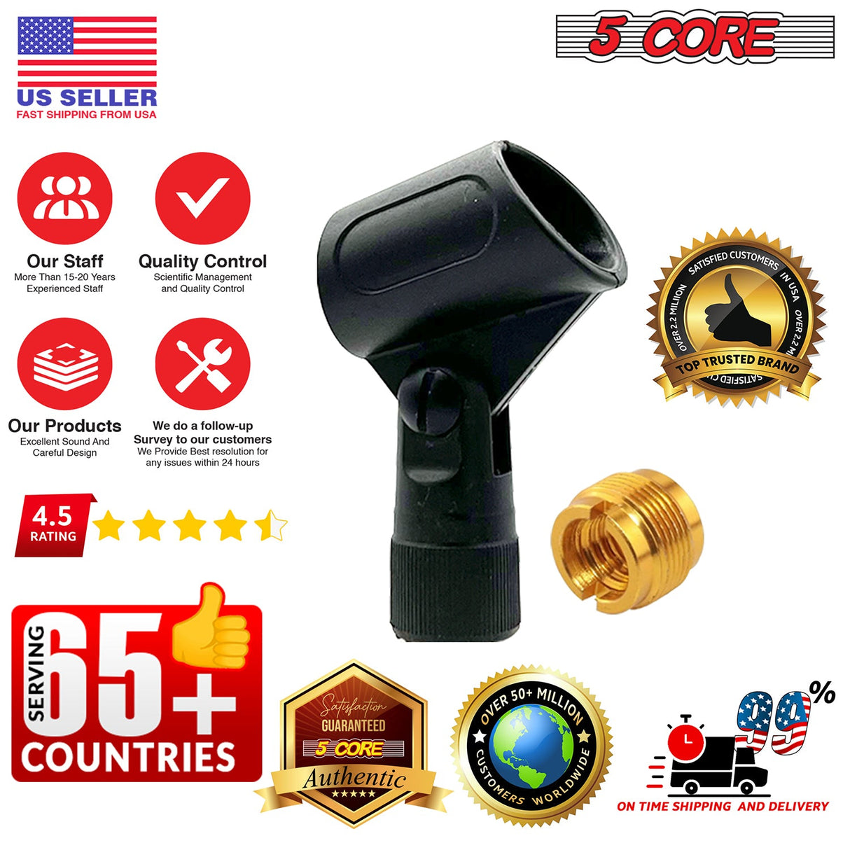 5 Core Microphone Clip Holder 2 Pieces with Screw Adapters 5/8 to 3/8 Inch