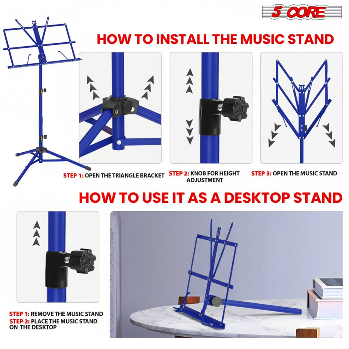 5 Core Music Stand Adjustable Desktop Book Stands Portable Sheet Holder All Metal Foldable Bookstand