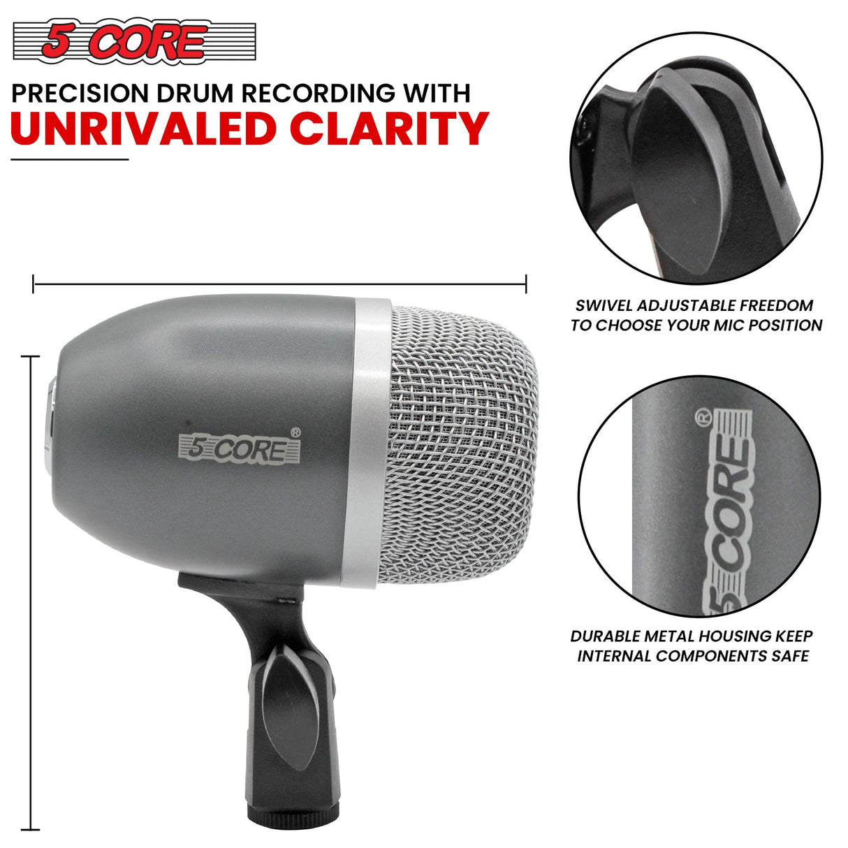 5Core Tom Snare Mic Cardioid Dynamic Microphone for Drum Kit Percussion Instrument GREY