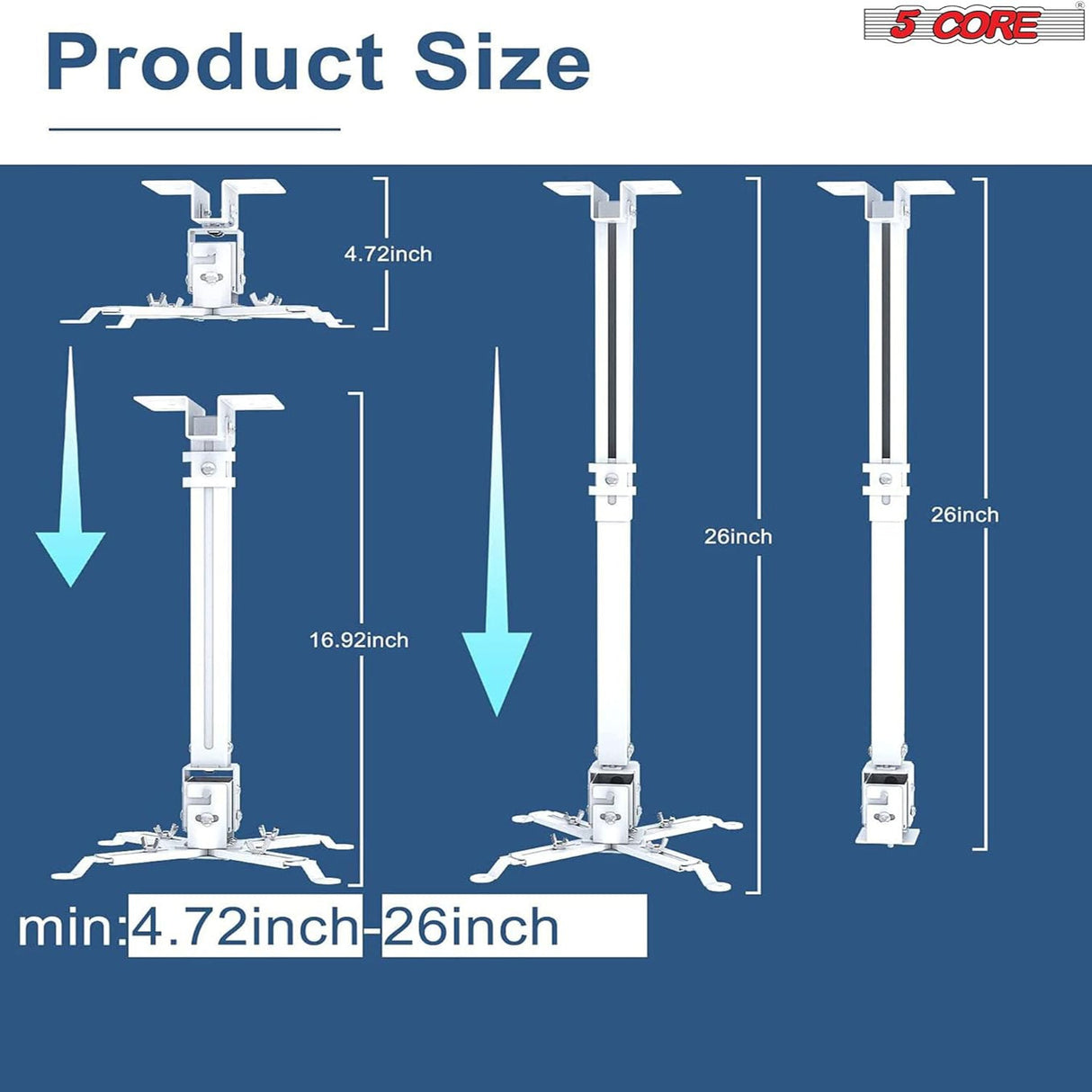 5Core Projector Mount Ceiling Wall Universal Holder Adjustable Low Profile Capacity 40lb WHITE