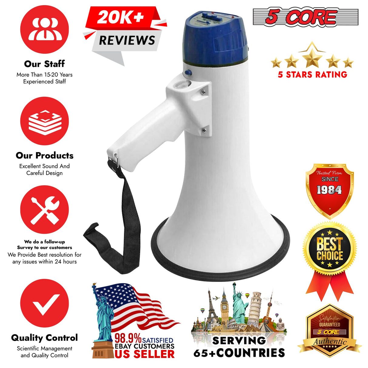 5Core Megaphone Bullhorn Speaker 20W Bull Horn Battery Power Cheer Megafono Loudspeaker