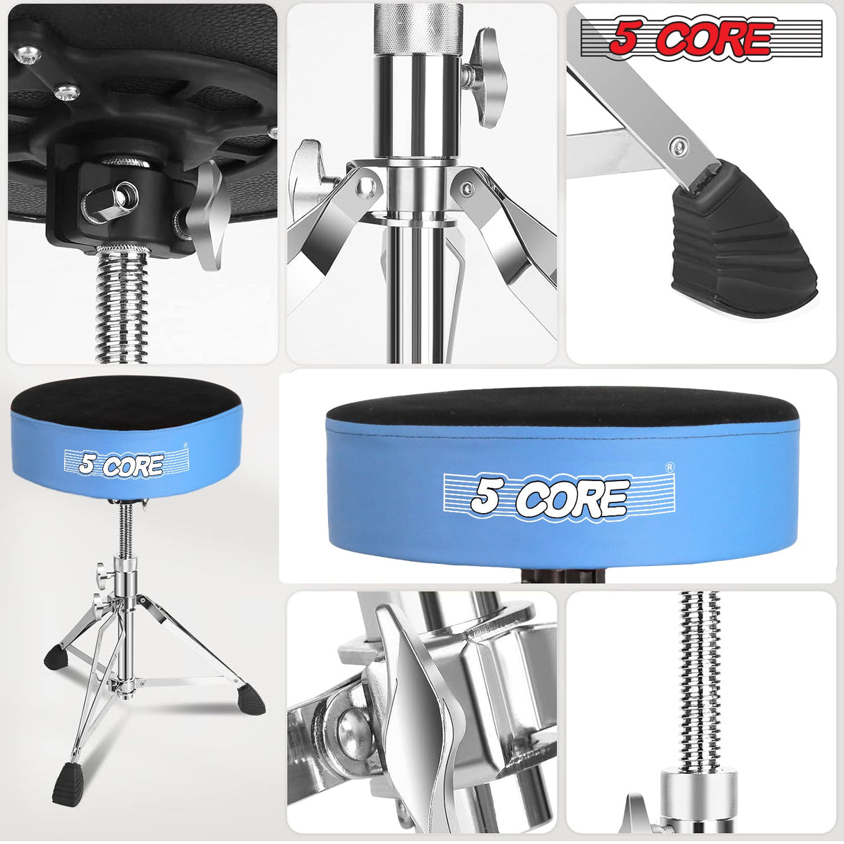 5Core Drum Throne Padded Guitar Stool Swivel Adjustable Drummer Seat Music Chair BLUE VELVET