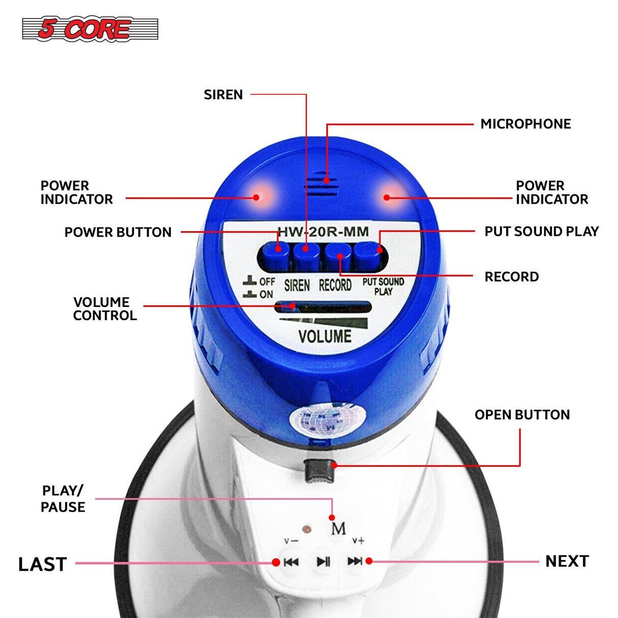 5Core Megaphone Bullhorn Speaker 20W Bull Horn Battery Power Cheer Megafono Loudspeaker USB