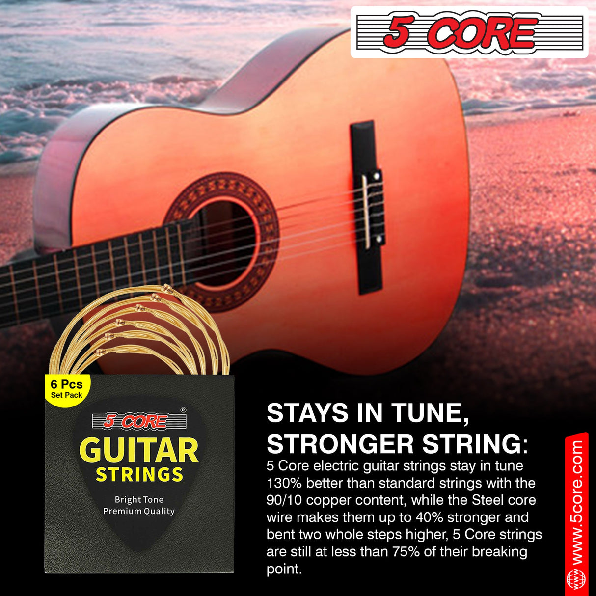 5Core Acoustic Guitar Strings 0.010-0.047 Steel Gauge Heavy Duty w Bright Tone For 6 String Guitars