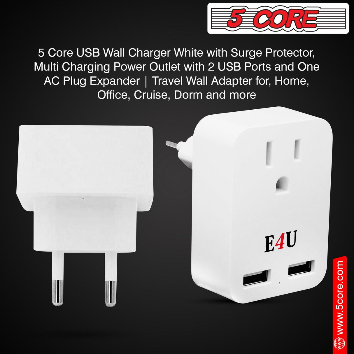 5 Core European Travel Plug Adapter w 2 USB Ports Universal Adopter for International Power Outlet