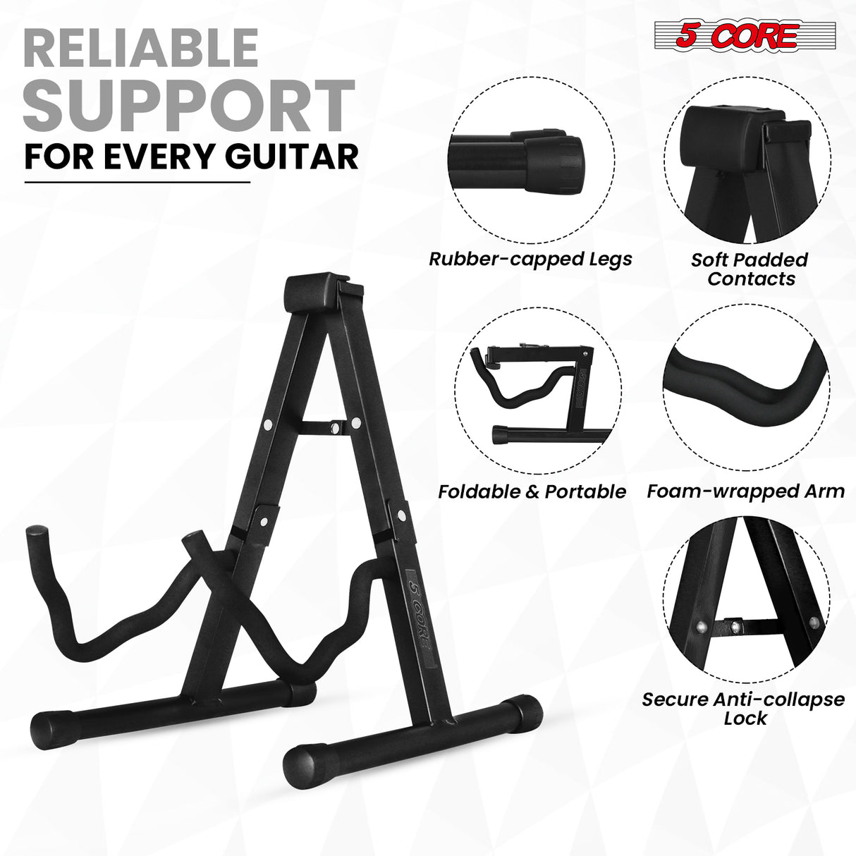 5 Core Guitar Stand 2PC A Frame w Soft Foam Arm Non Slip Rubber for Acoustic Electric Bass