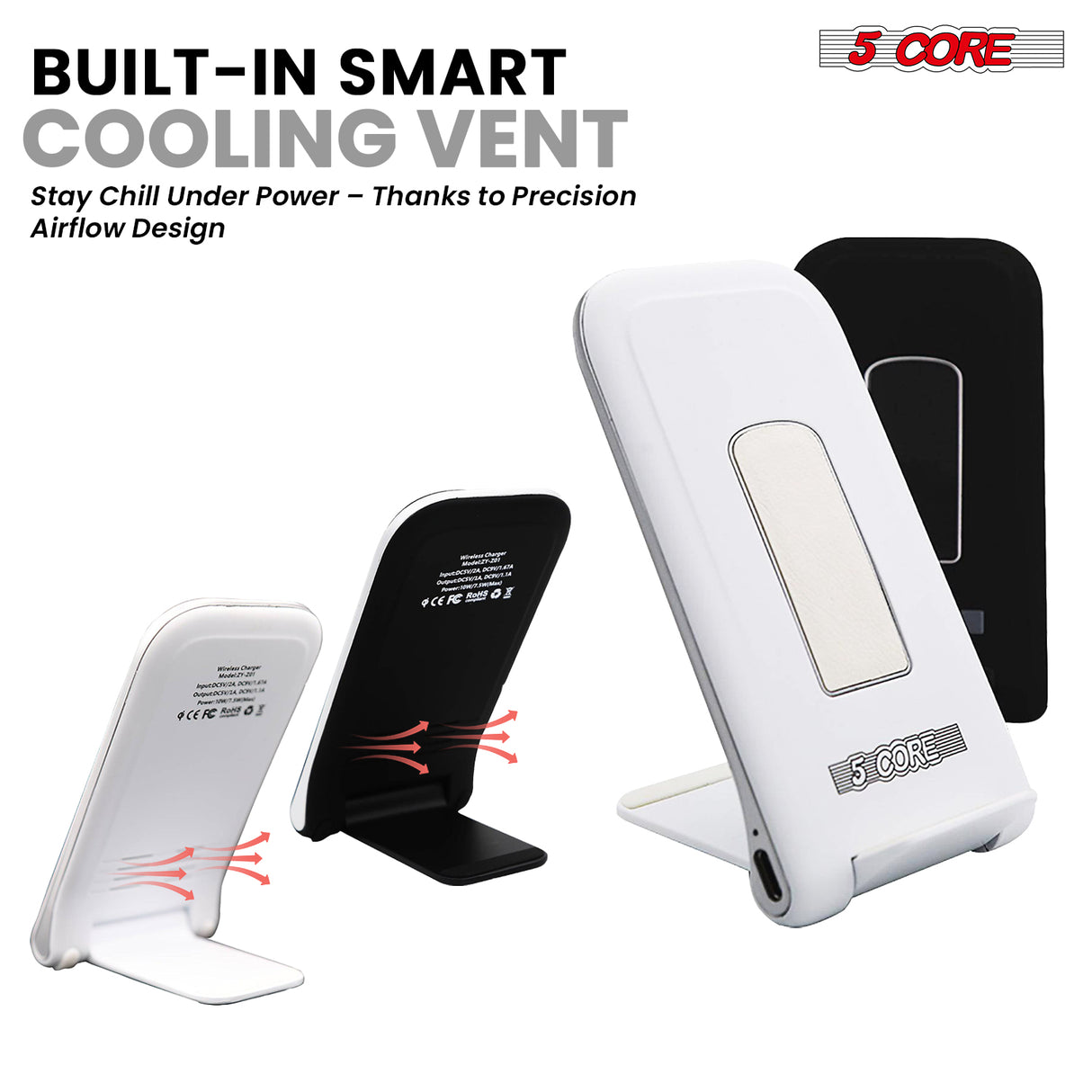5 Core Wireless Charging Stand 2 Pieces 10W Fast Wireless Charger Station with Sleep-Friendly Light