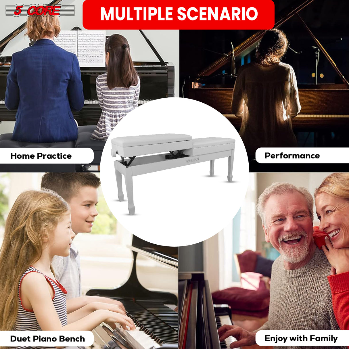 5 Core Duet Piano Bench 3.5 Inch Padded Cushioned Stool Wooden Heavy Duty Musician Chair w Storage