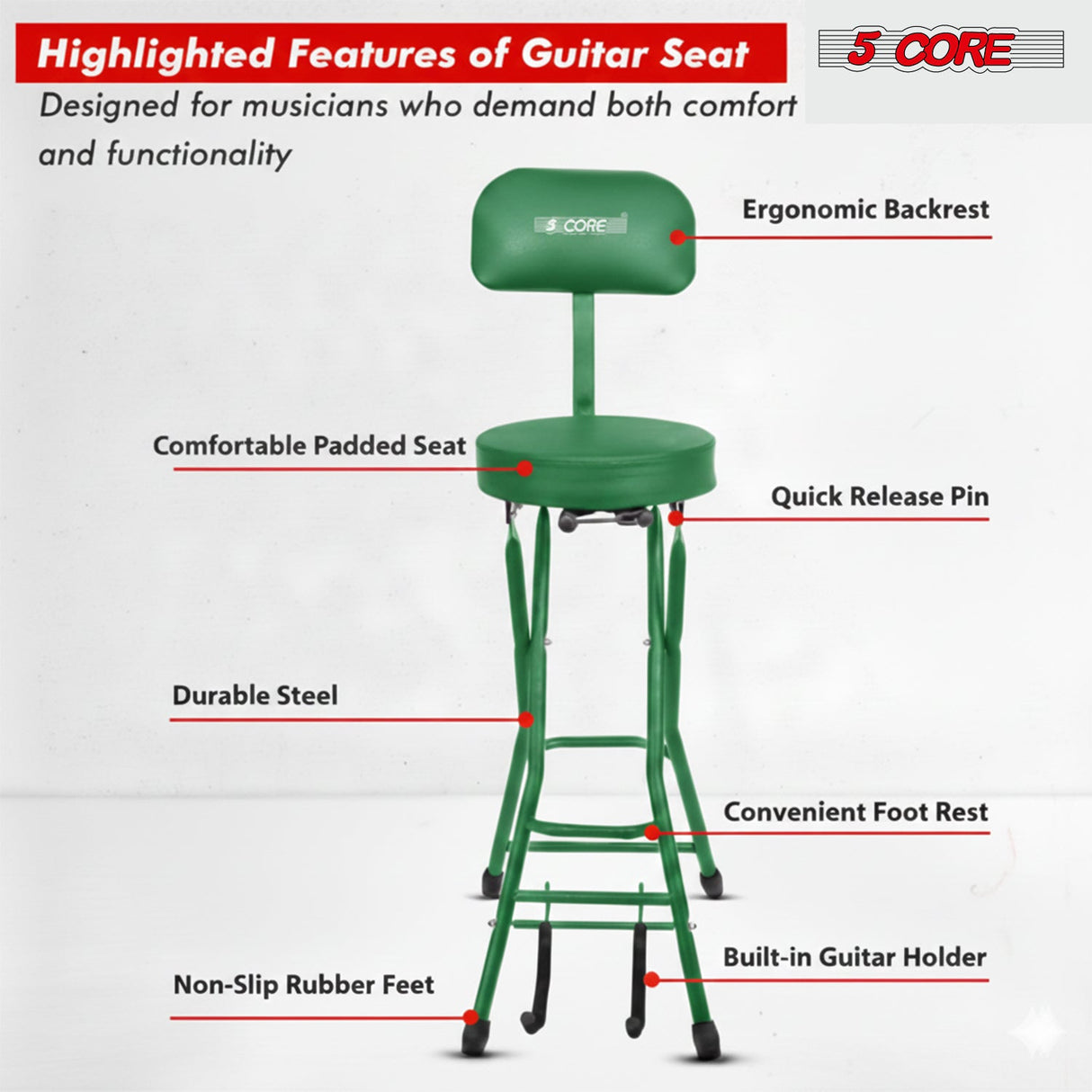 5Core Guitar Stool 3.15" Padded Chair w Backrest Foldable Music Seat Built in Foot Rest Guitar Stand