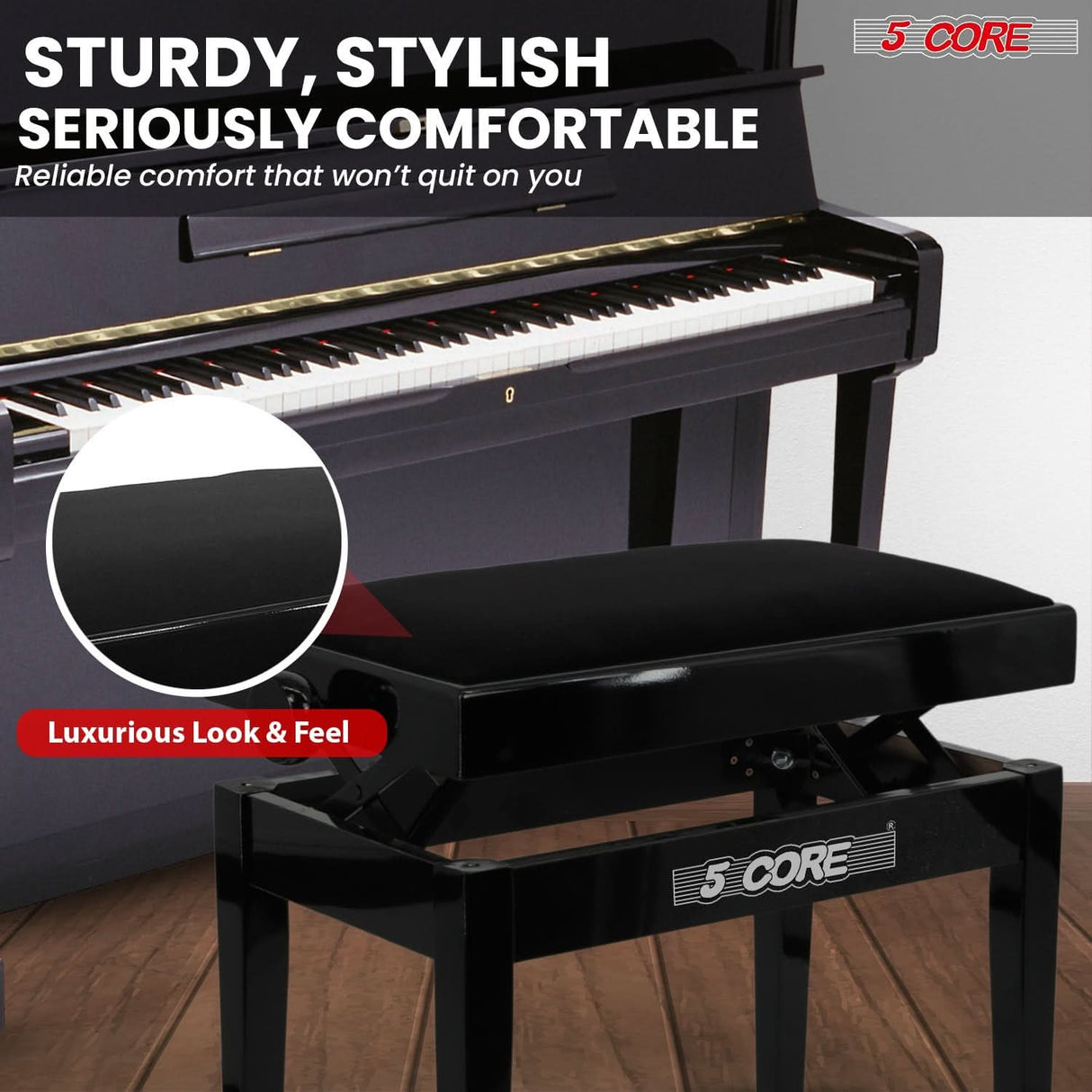 5 Core Adjustable Piano Bench Thick 3.25" Solid Wood Keyboard Stool Heavy Duty Musician Chair