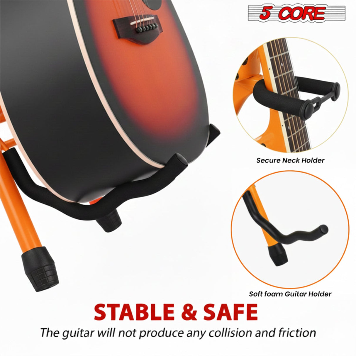 5Core Guitar Stool 3.15" Padded Chair w Backrest Foldable Music Seat Built in Foot Rest Guitar Stand