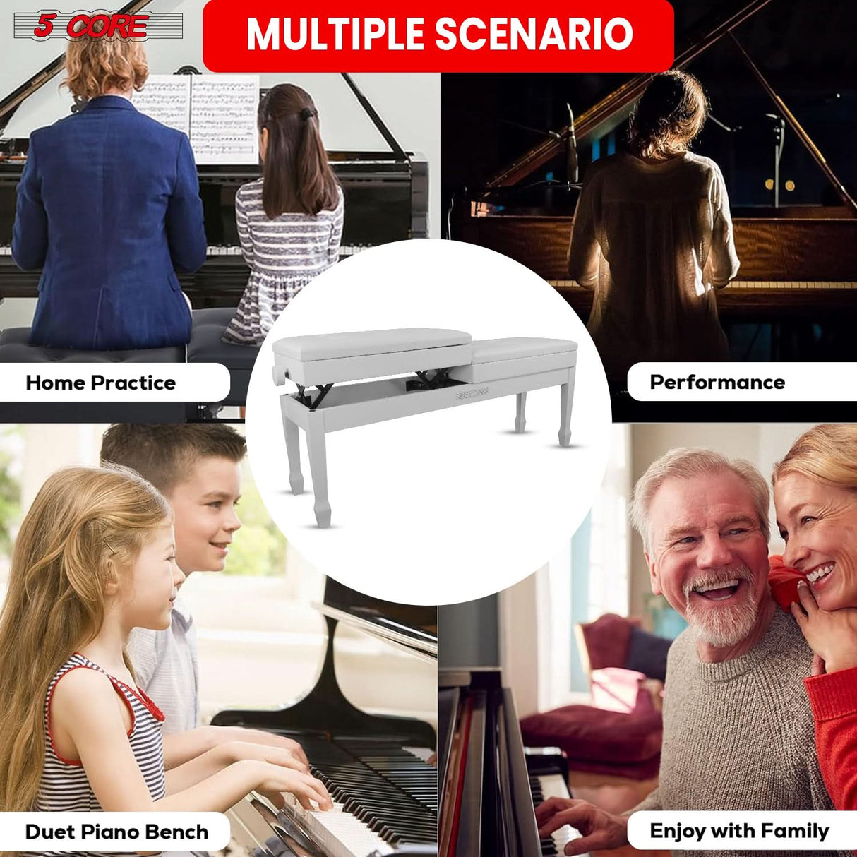 5 Core Duet Piano Bench 3.5 Inch Padded Cushioned Stool Wooden Heavy Duty Musician Chair w Storage