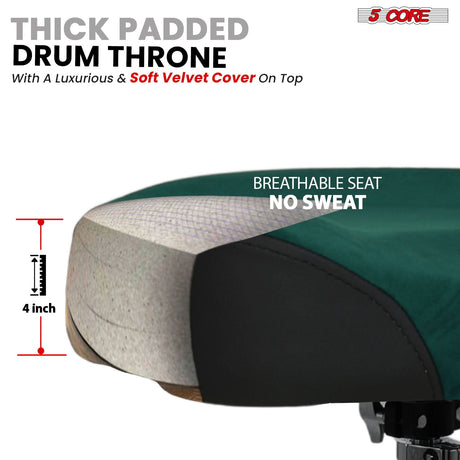 5 Core Drum Throne w Backrest 4" Padded Adjustable 26.5" Drummer Stool w Velvet Top 441Lb Capacity