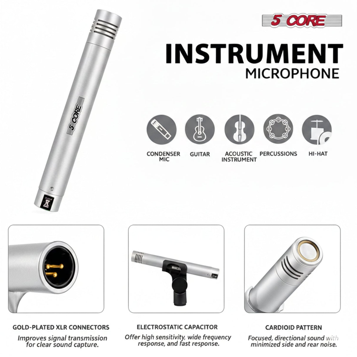 5 Core Conga Mic Snare Tom Set Professional XLR Cardioid Unidirectional Instrument Microphone Kit