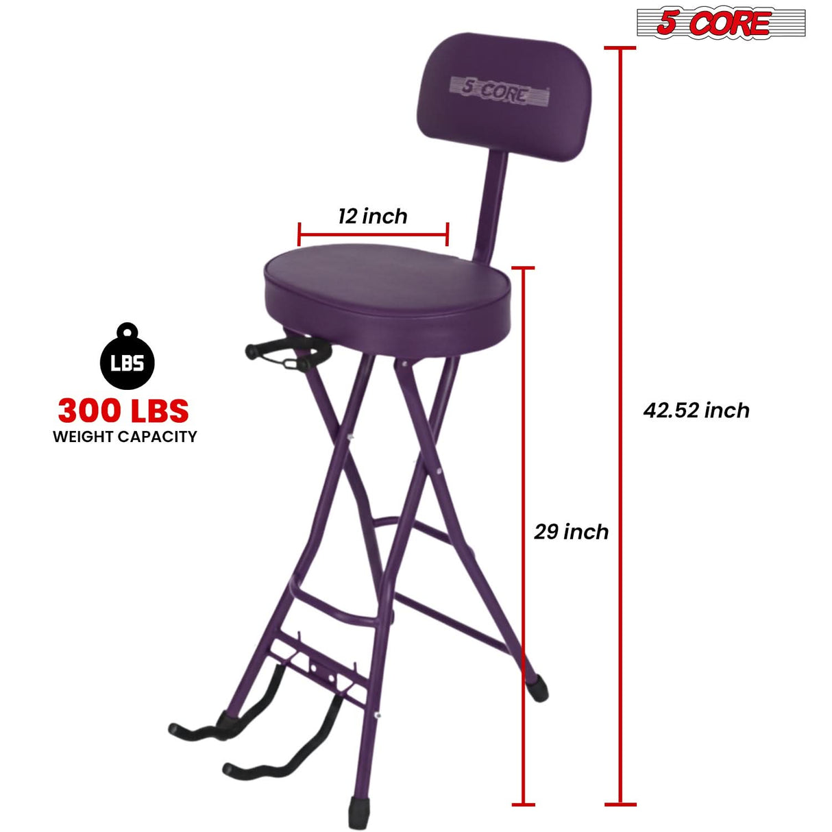 5Core Guitar Stool 3.15" Padded Chair w Backrest Foldable Music Seat Built in Foot Rest Guitar Stand