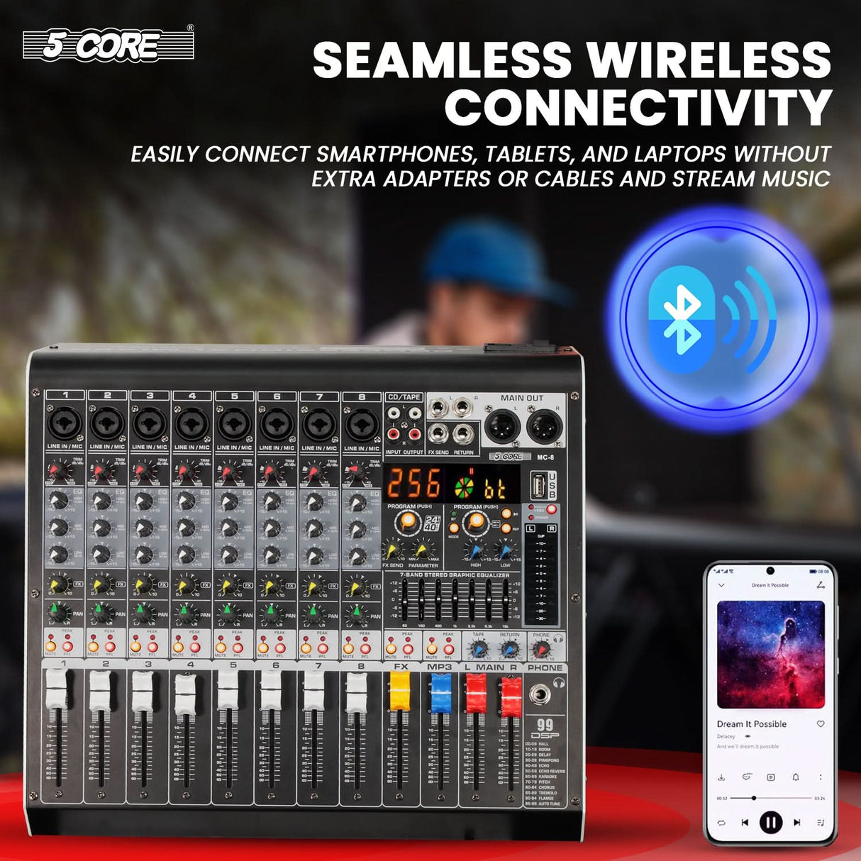 5 Core Audio Mixer 8 Channel DJ Soundboard USB Interface Bluetooth Mixing Console w 99 DSP Effect