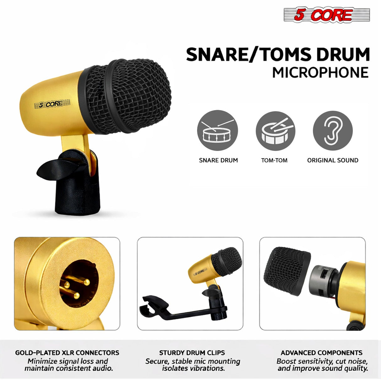 5 Core Drum Microphone Kit 7Pc All Metal Drummer Mics Tom/Snare & Cymbals Wired Instrument Drums Set