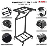 5Core DJ Mixer Stand 12U Adjustable Rack Mount Rolling Stage Cart Pro Audio Studio Equipment w Wheel