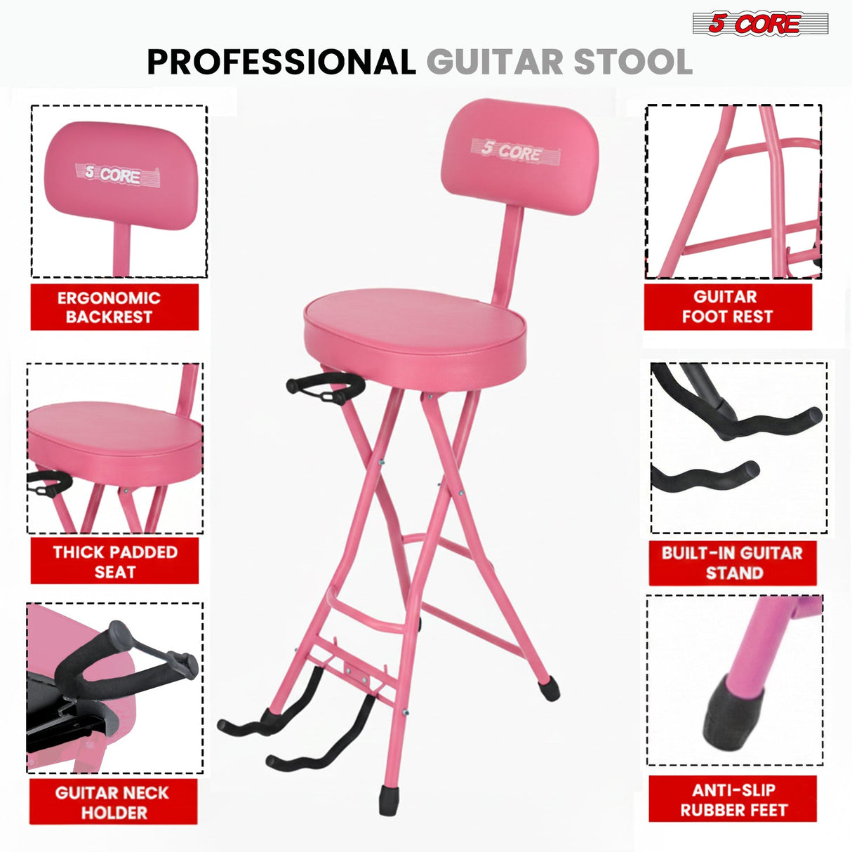 5Core Guitar Stool 3.15" Padded Chair w Backrest Foldable Music Seat Built in Foot Rest Guitar Stand