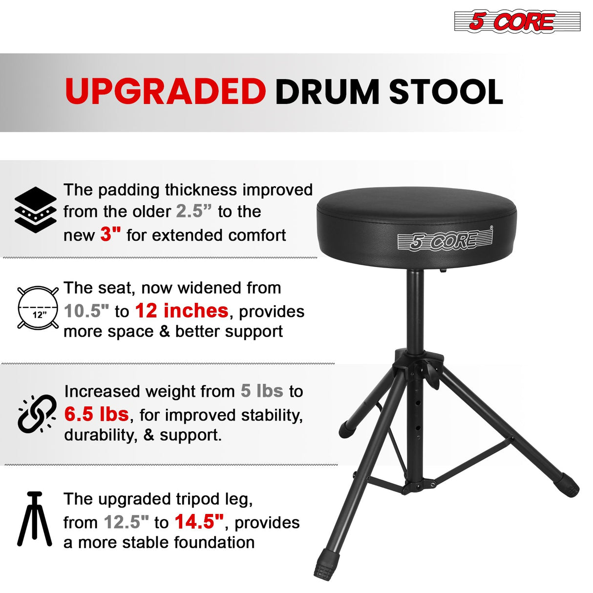 5 Core Drum Throne 3" Thick Padded Memory Foam Comfortable Drummer Stool 330Lb Capacity Adjustable