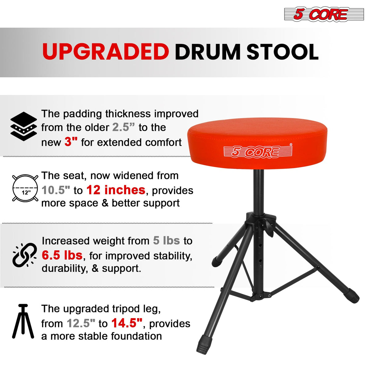 5 Core Drum Throne 3" Thick Padded Memory Foam Comfortable Drummer Stool 330Lb Capacity Adjustable