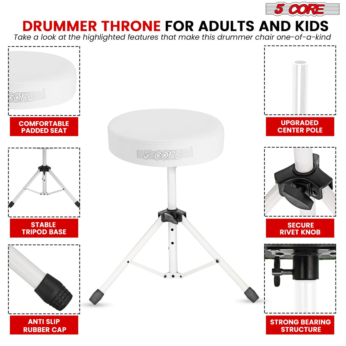 5 Core Drum Throne 3" Thick Padded Memory Foam Comfortable Drummer Stool 330Lb Capacity Adjustable