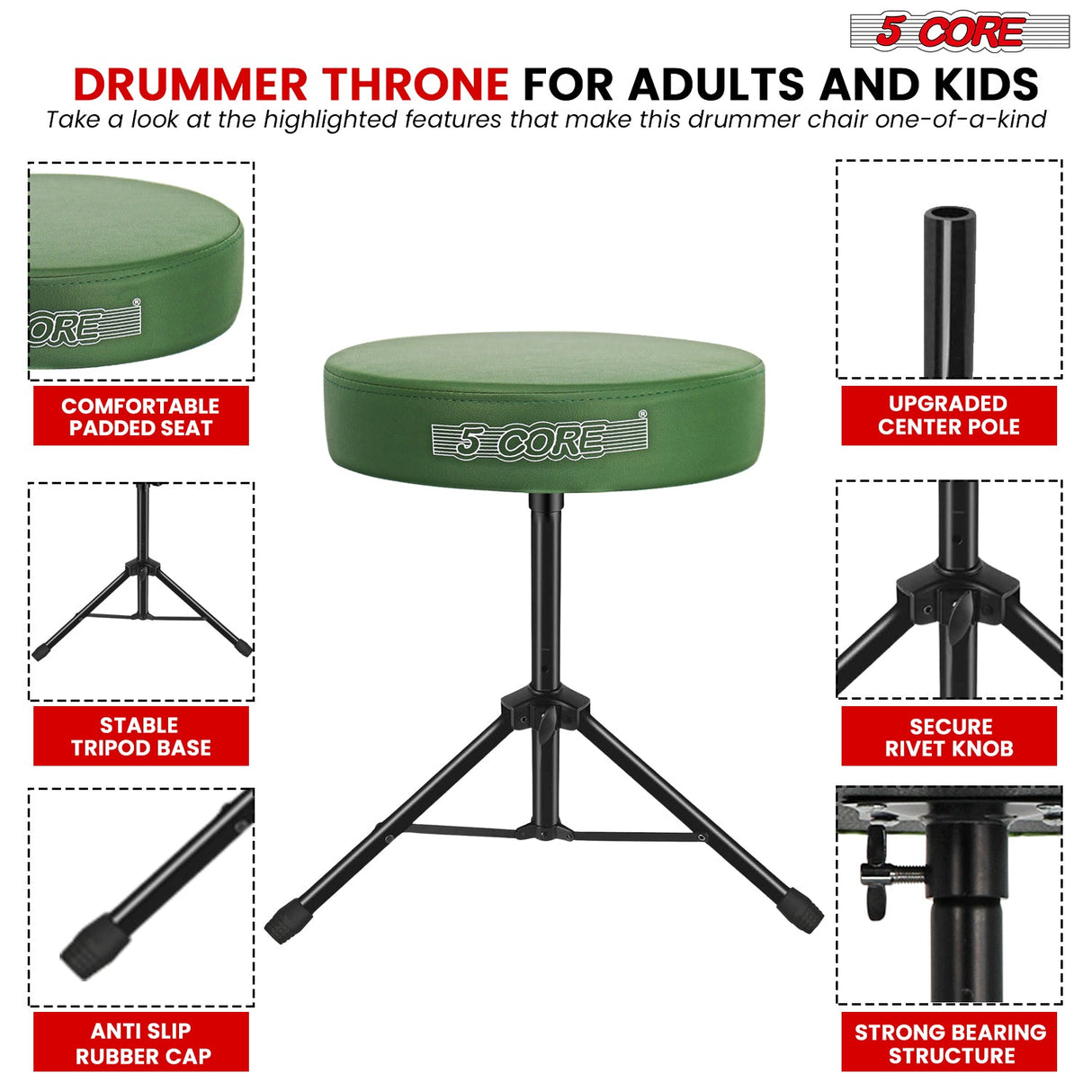 5 Core Drum Throne 3" Thick Padded Memory Foam Comfortable Drummer Stool 330Lb Capacity Adjustable