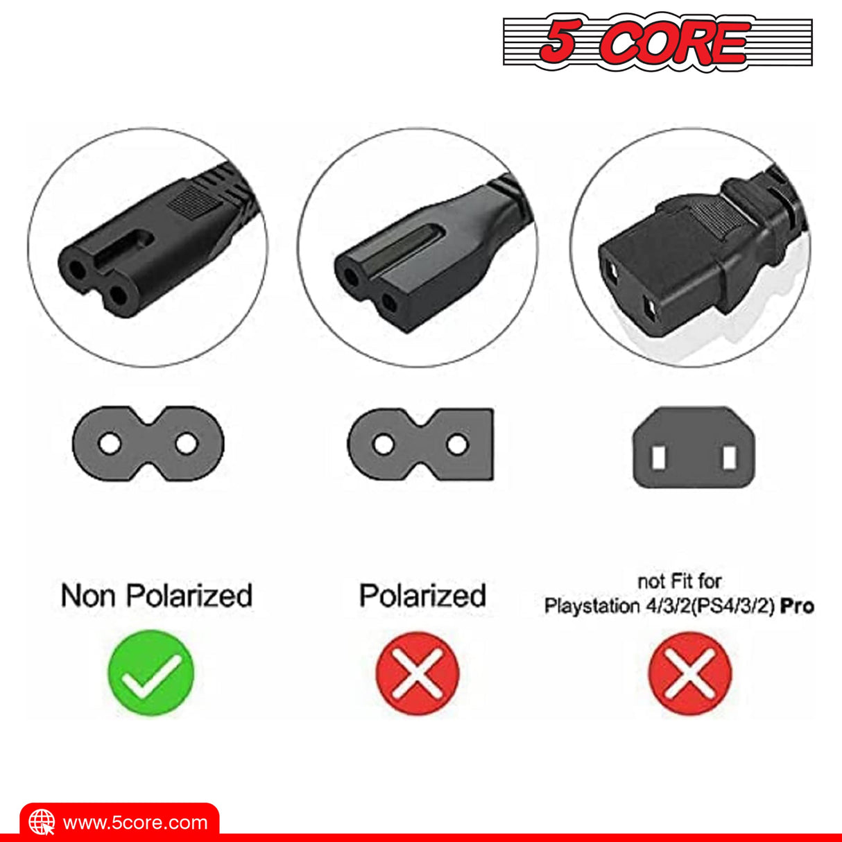 5Core AC Power Cord 6 Ft 2 Prong US Male to Female Extension Adapter 16AWG/2C 125V 13A