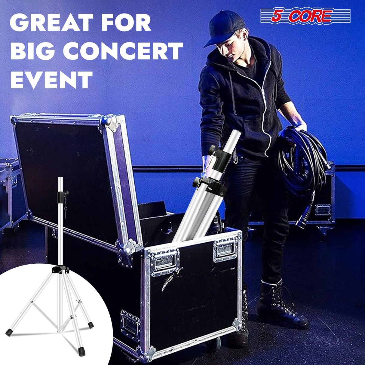5Core Speaker Stand Tripod Tall Adjustable 72 Inch DJ Studio Monitor Stands Pole Mount WHITE