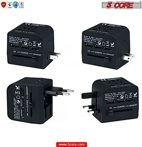 5 Core Universal Travel Adapter Worldwide w 3 USB Ports International Power Adopter for US EU UK AUS