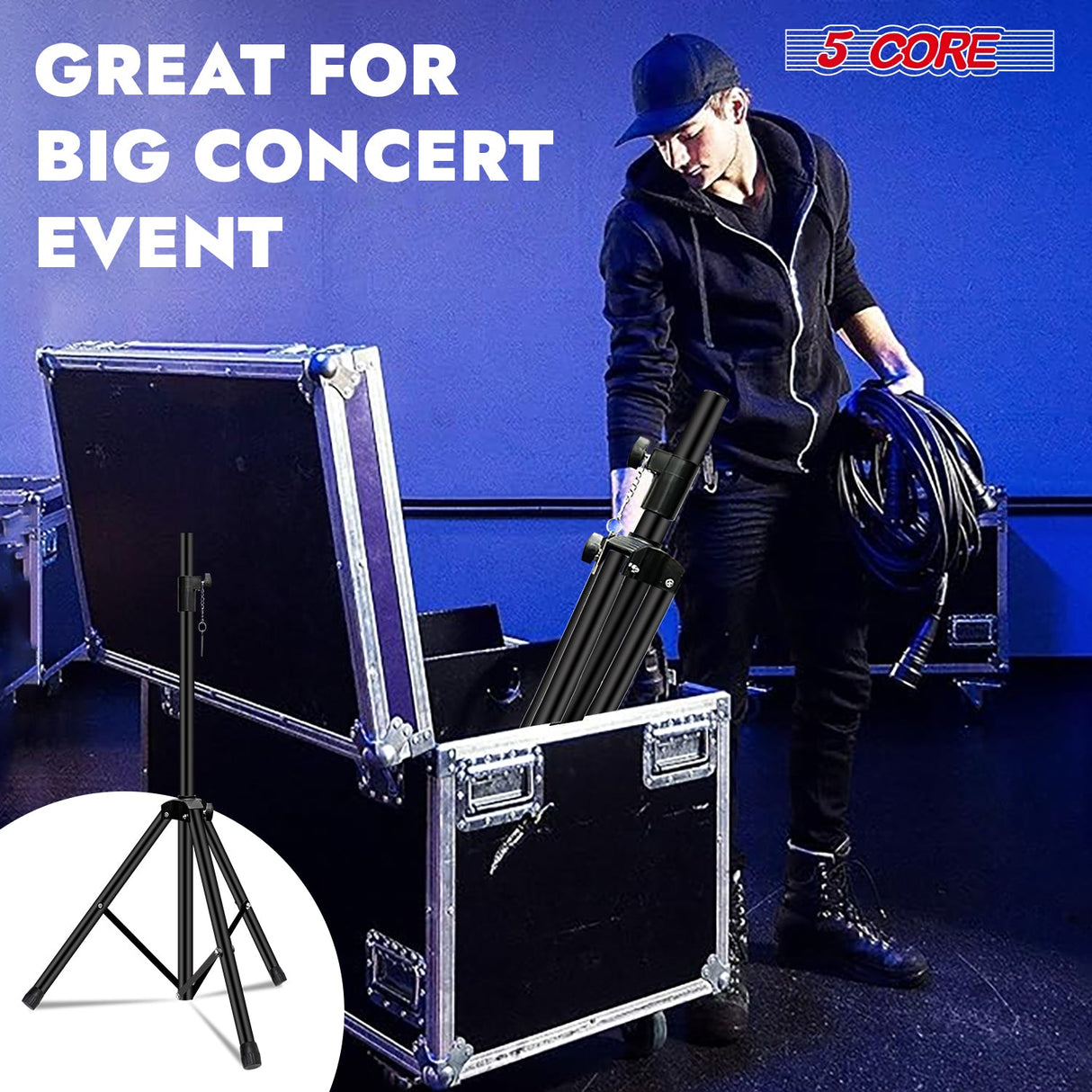 5Core Speaker Stand Tripod Tall Adjustable 72 Inch DJ Studio Monitor Stands Pole Mount BLACK