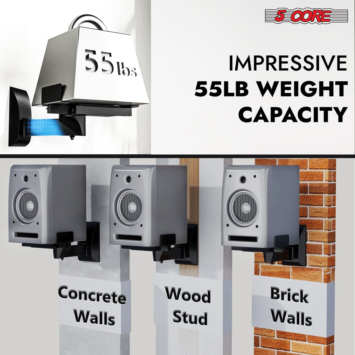 5Core Speaker Wall Mount Adjustable Swivel 11 Inch Space Bookshelf Brackets Pair