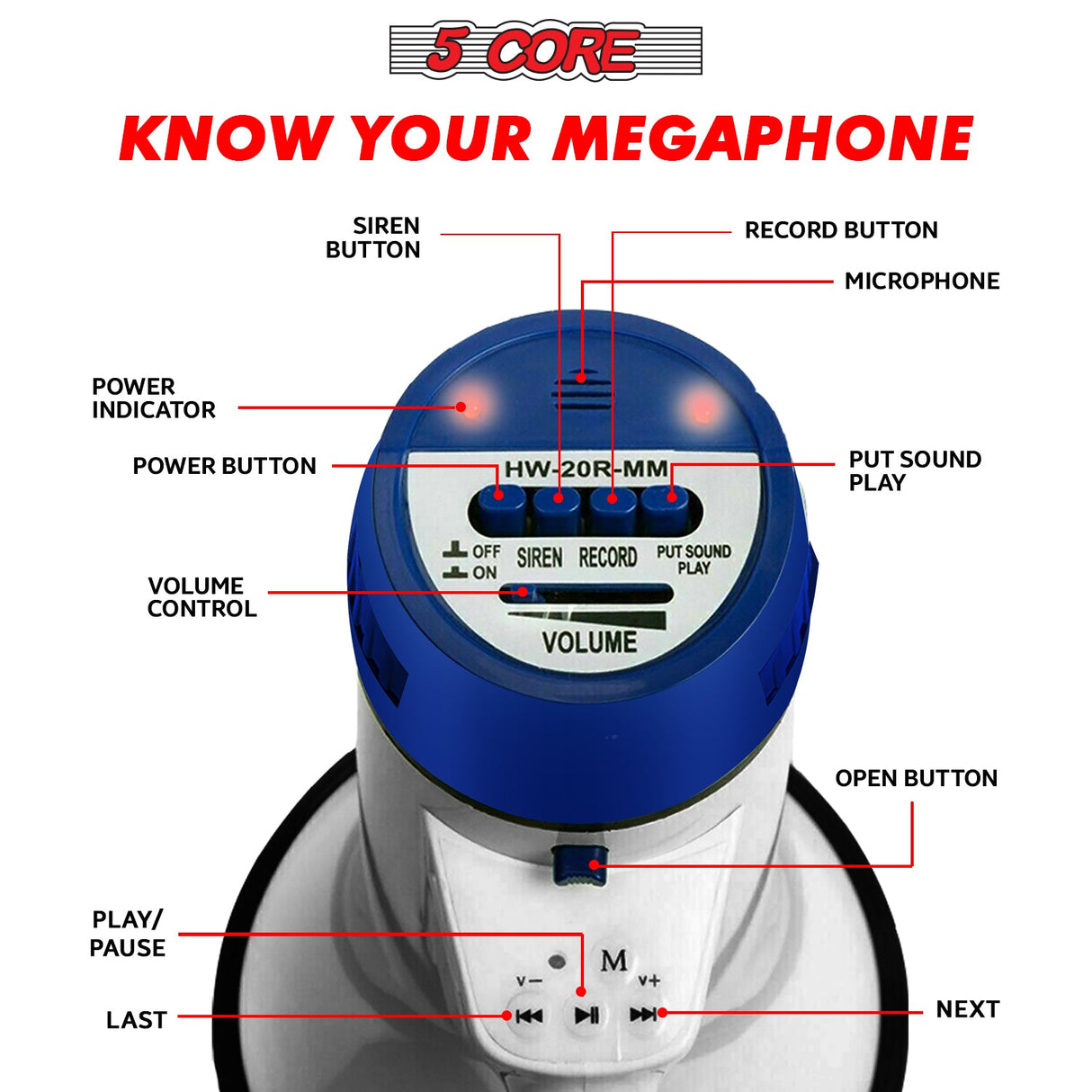 5Core Megaphone Bullhorn Speaker 20W Bull Horn Battery Power Cheer Megafono Loudspeaker