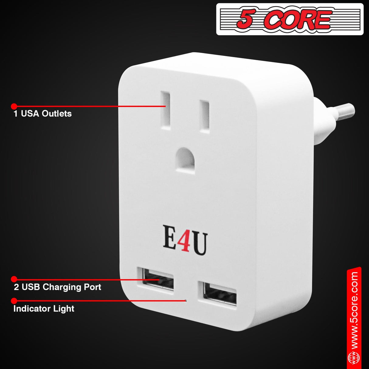 5 Core European Travel Plug Adapter w 2 USB Ports Universal Adopter for International Power Outlet