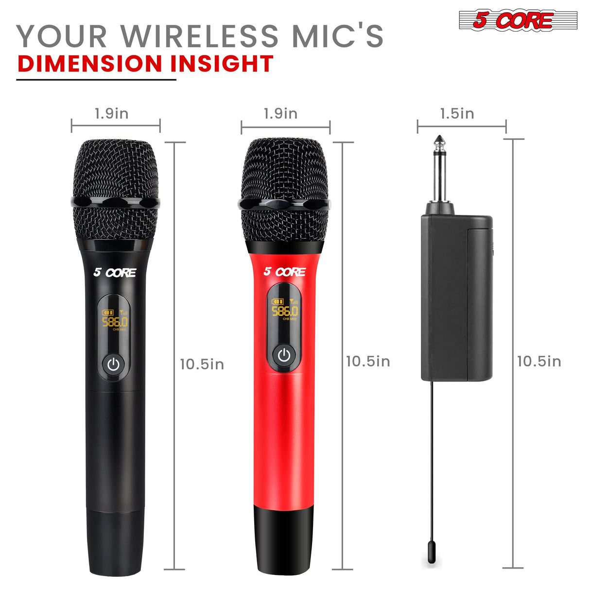 5Core Wireless Microphone Pair UHF Handheld Microfonos Inalambricos Cordless Mic RED + BLACK