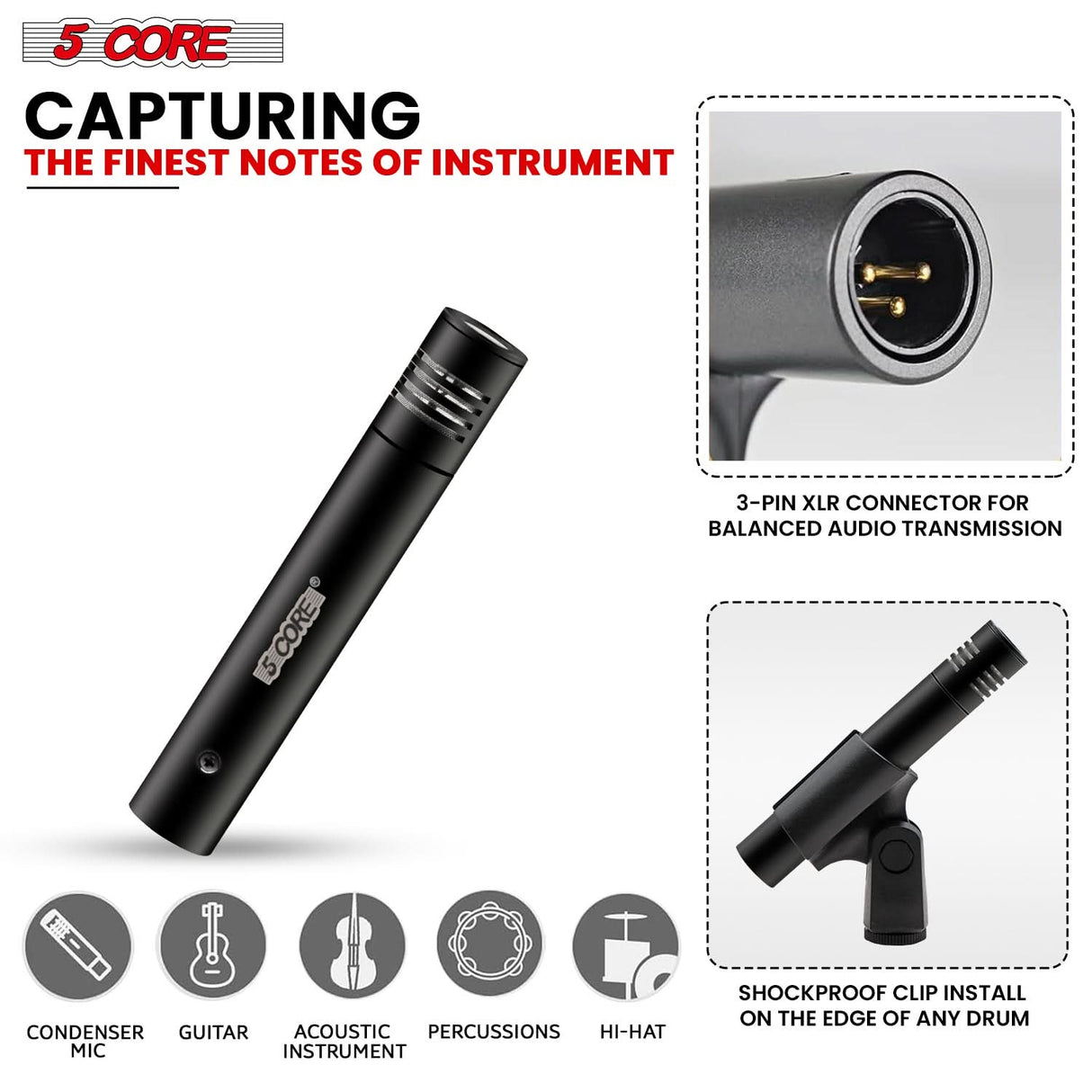5Core Instrument Microphone Professional XLR Cardioid Pencil Stick Condenser Mic Black
