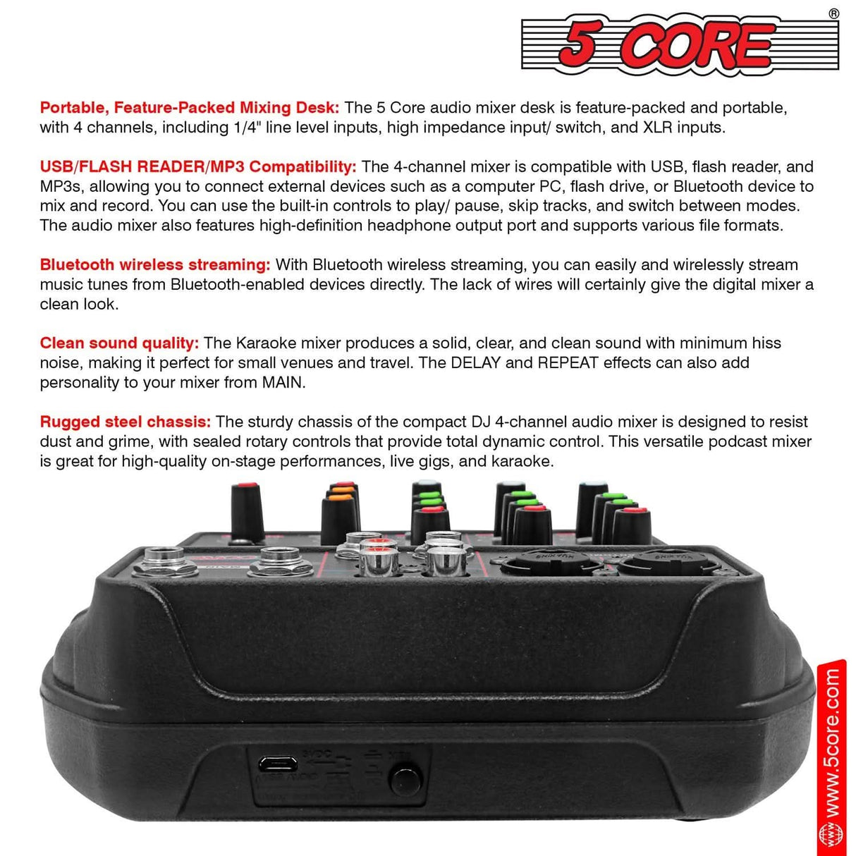 5Core Audio Mixer 4 Channel DJ Soundboard USB Interface Bluetooth Mixing Console w Repeat Delay +48V