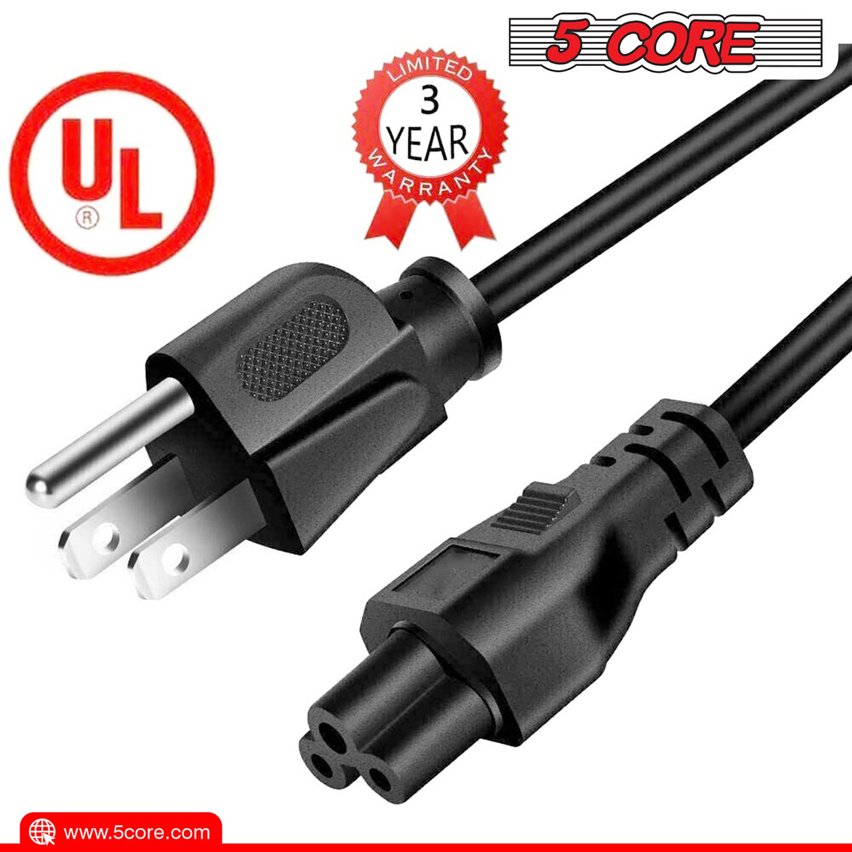 5Core AC Power Cord 10Ft 2 Prong US Male to Female Extension Adapter 16AWG/2C 125V 13A