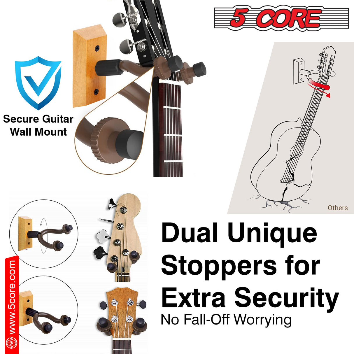 5Core Guitar Wall Mount Hanger 2Pack U-Shaped Wood Guitar Wall Hook Stand