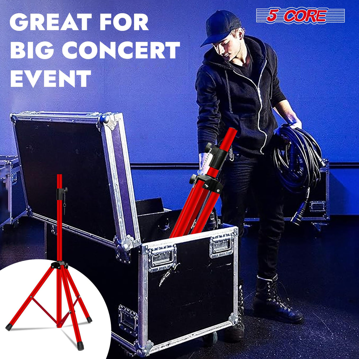 5Core Speaker Stand Tripod Tall Adjustable 72 Inch DJ Studio Monitor Stands Pole Mount RED