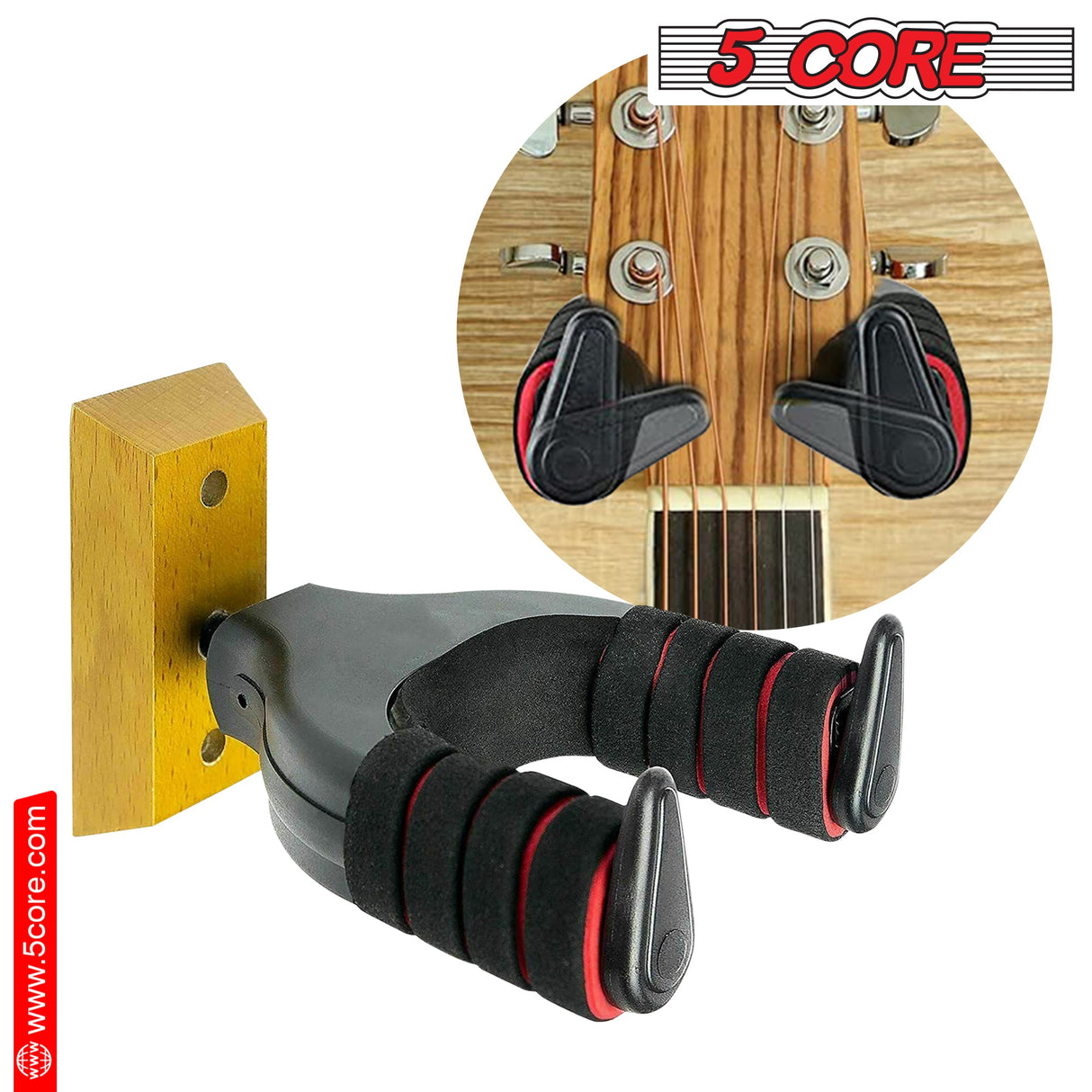 5Core Guitar Wall Mount Hanger Adjustable Display Wall Hook Holder Hard Wood Base