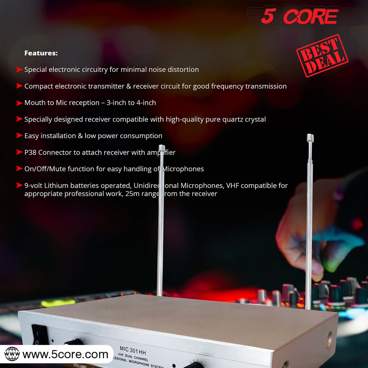 5Core Wireless Microphones w 2 Headset Portable Mini Microfono Inalambricos + Receiver 165ft Range