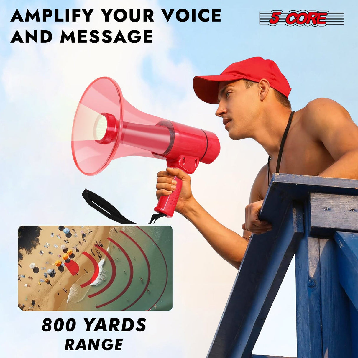 5Core Megaphone Bullhorn Speaker w Siren LED Light Adjustable Volume Bull Horn RED