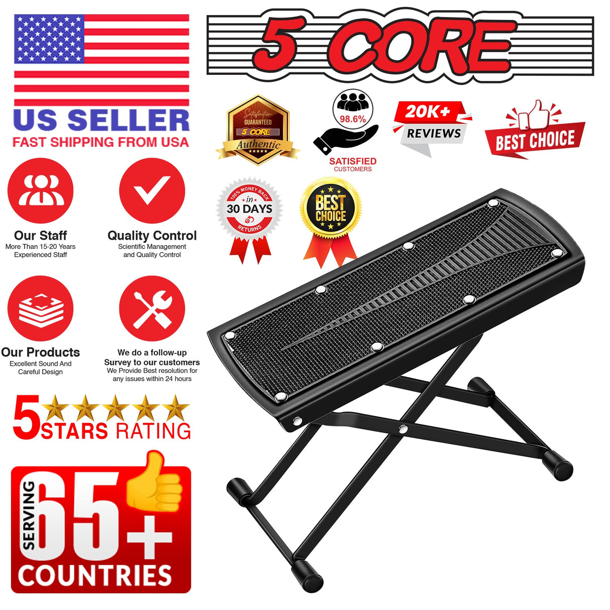 5Core Guitar Foot Stool Height Adjustable Folding Leg Rest Classical Footrest