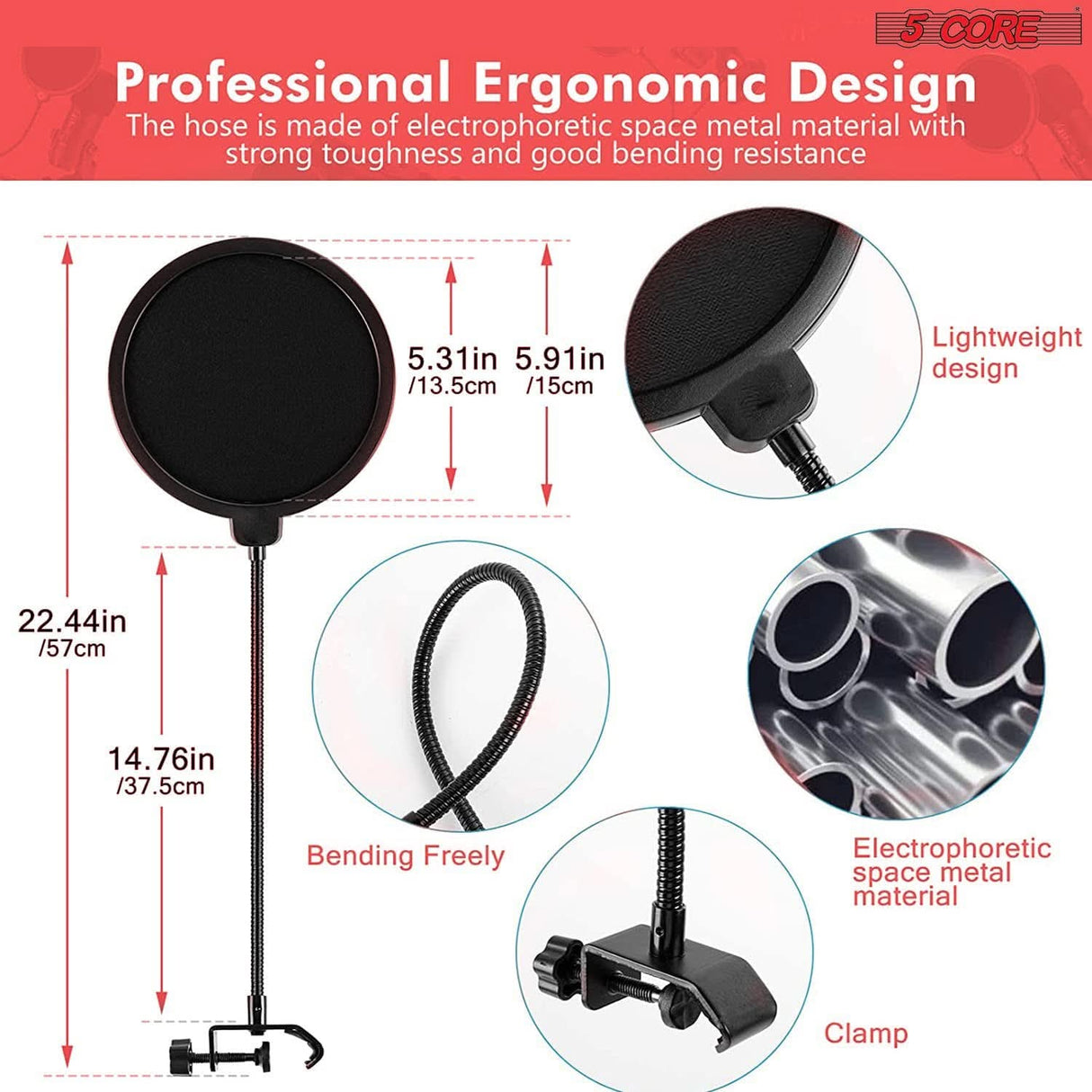 5Core Microphone Arm Stand Desk Suspension Boom Scissor Desktop Mic Holder w Pop Filter
