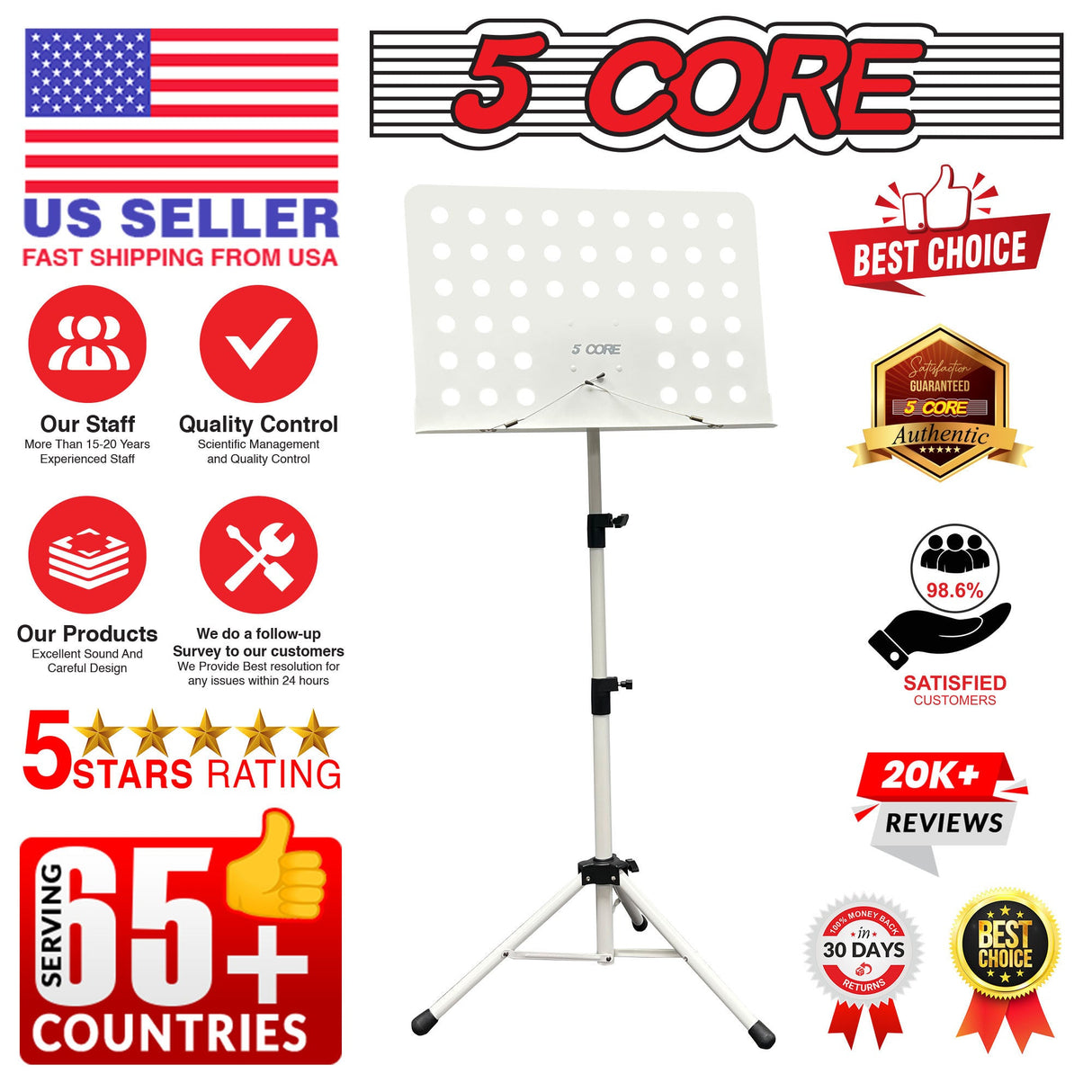 5Core Music Stand For Sheet Music Portable Tripod Adjustable Folding Note Holder WHITE