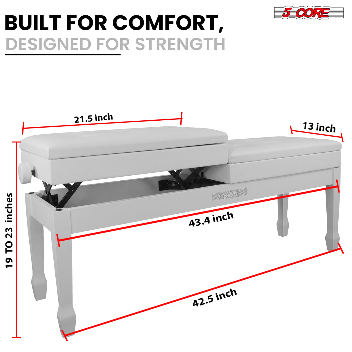 5 Core Duet Piano Bench 3.5 Inch Padded Cushioned Stool Wooden Heavy Duty Musician Chair w Storage