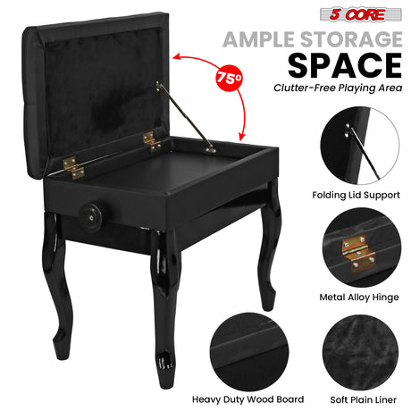 5 Core Piano Bench 3" Padded Cushioned Stool Wooden Heavy Duty Adjustable Musician Chair w Storage